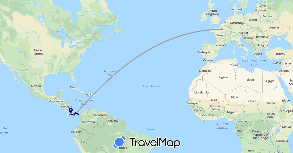TravelMap itinerary: driving, plane in France, Panama (Europe, North America)