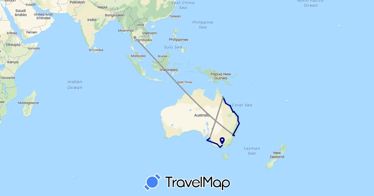 TravelMap itinerary: driving, plane in Australia, Thailand (Asia, Oceania)