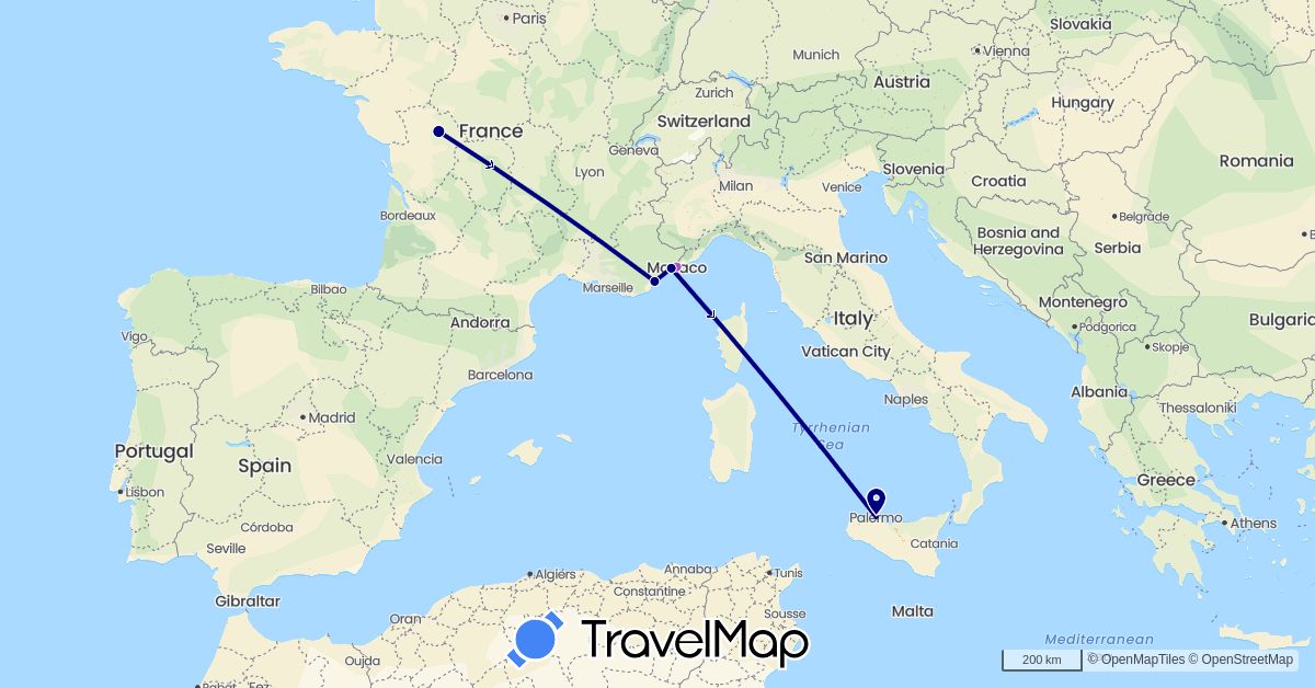 TravelMap itinerary: driving, train in France, Italy, Monaco (Europe)